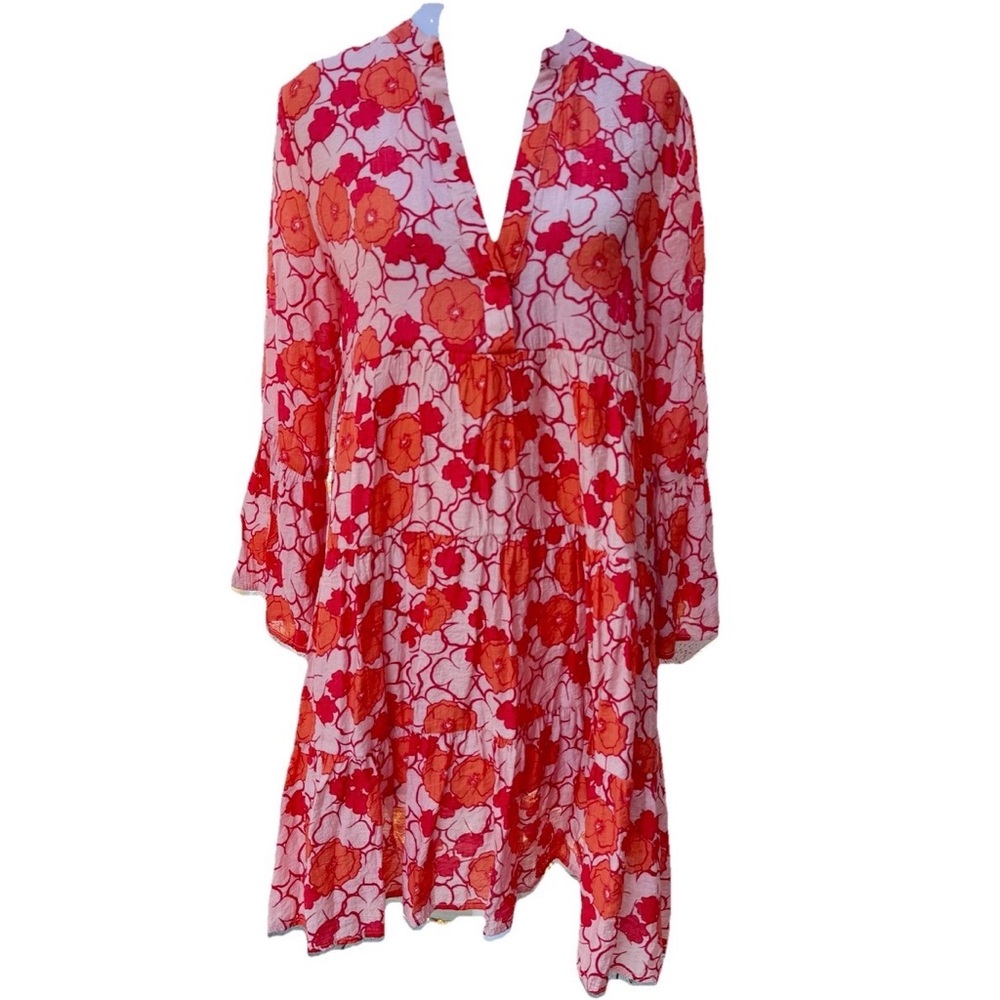 Choklate Paris Floral Flare Sleeve silk Blend Dress‎ S Knee Length V Neck Orange - Picture 2 of 9